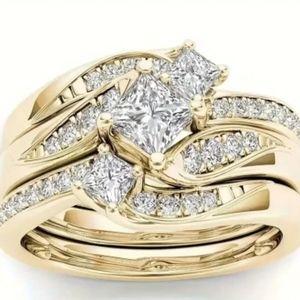 Gold Diamond Engagement Ring Wedding Band Wedding Ring Gold Plated CZ
